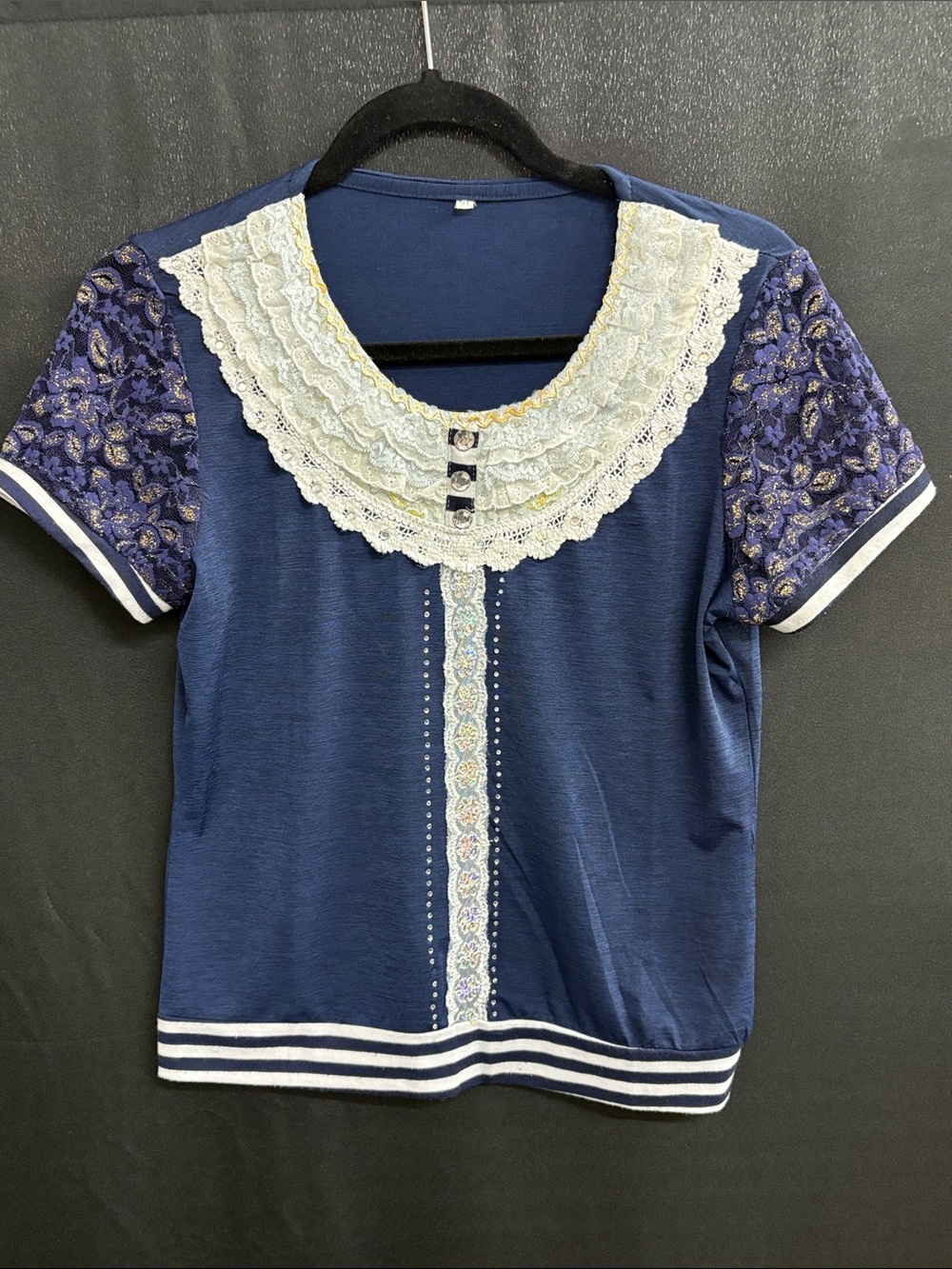 Women's Vintage Navy Blue Lace-Trim Short Sleeve Top